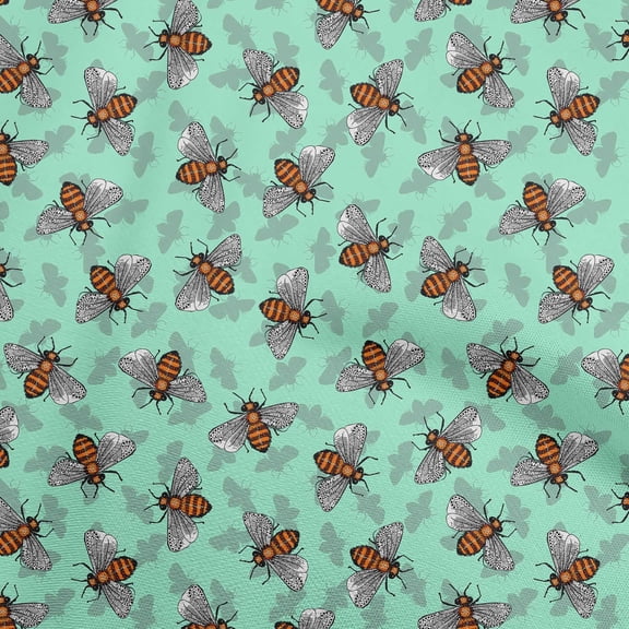 oneOone Polyester Lycra Mint Green Fabric Floral & Bee Sewing Material Print Fabric By The Yard 56 Inch Wide