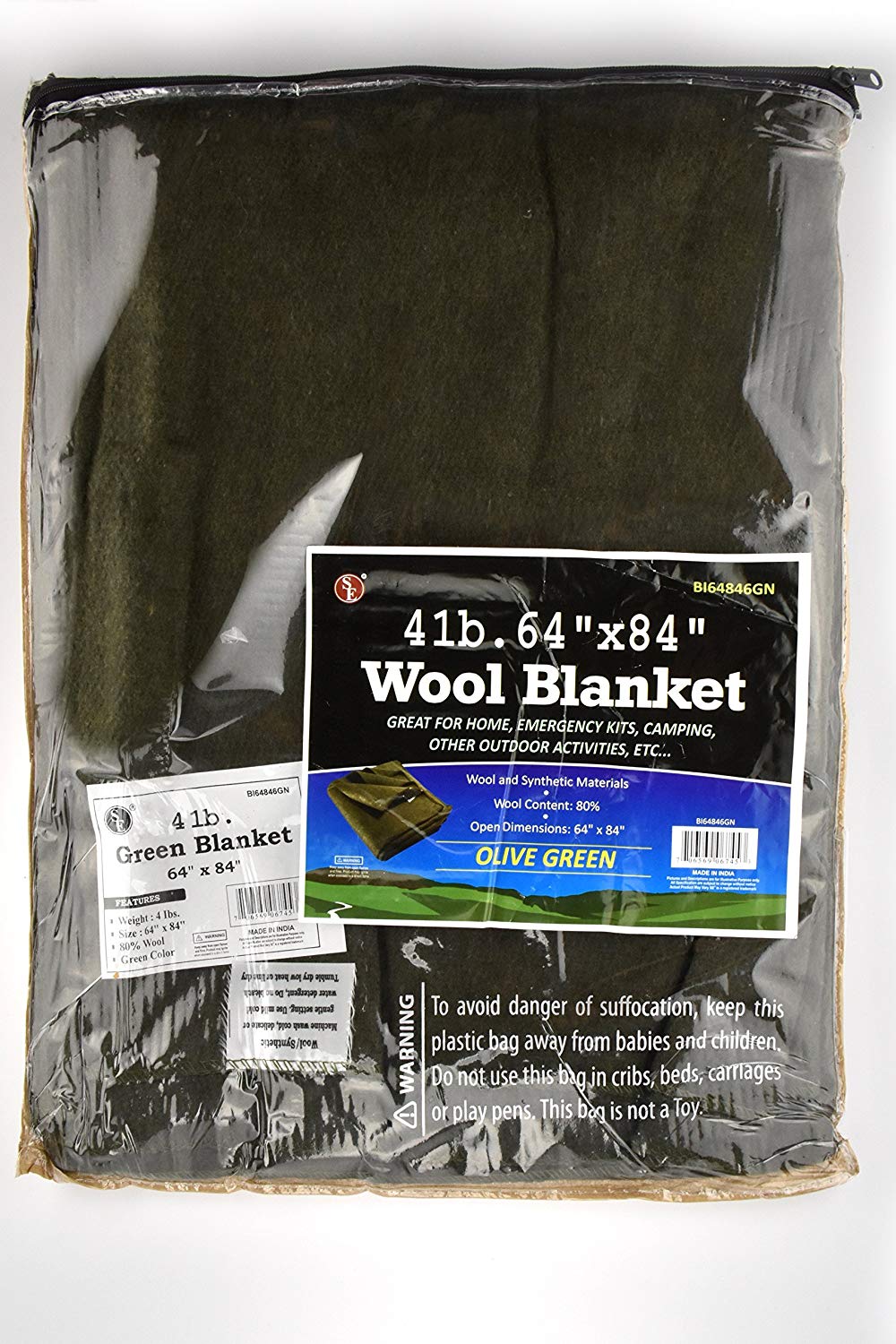 Se Bi64846Gn 64” X 84” Warm 4-Lb. Blanket With 80% Wool, Green