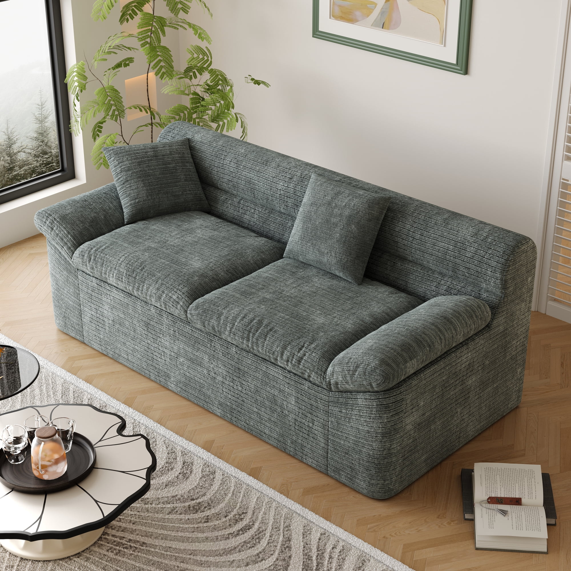 HOQBN 71" Boneless Couch for Living Room,Upholstered Chenille Sofa with Deep Seat Design and 2 Pillows,Comfy Cloud Couch for Bedroom, Office, Apartment, No Assembly,Dark Gray