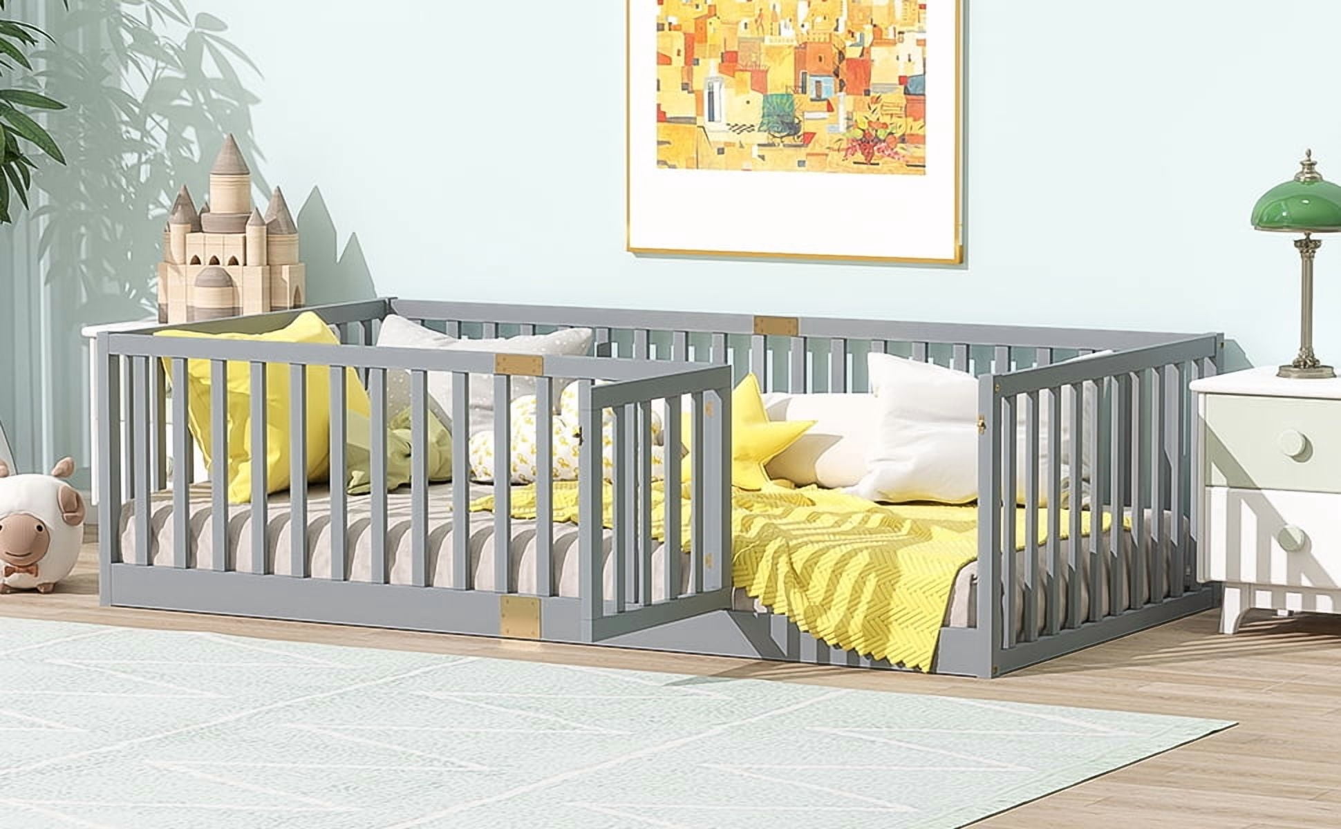 Twin Size Floor Bed with High Fence Railings, with Door, Rubber Wood Floor Bed with Safety Guardrails,Grey
