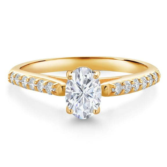 Gem Stone King 10K Yellow Gold White Moissanite and White Lab Grown Diamond Engagement Ring for Women (1.08 Cttw, Oval 7X5MM, Gemstone Birthstone, Size 6)