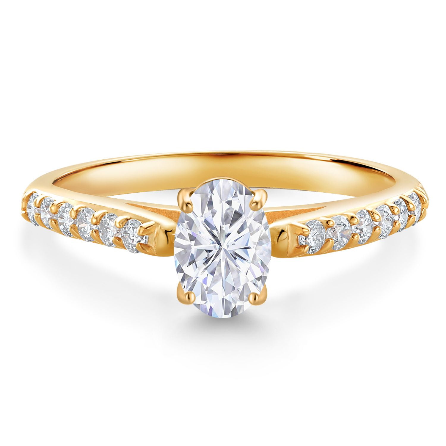 Gem Stone King 10K Yellow Gold White Moissanite and White Lab Grown Diamond Engagement Ring for Women | 1.08 Cttw | Oval 7X5MM | Gemstone Birthstone | Available in Size 5, 6, 7, 8, 9