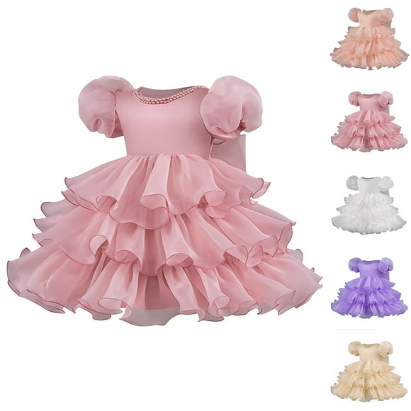 NJDVHB Robe d'Été pour Tout-Petit, Robe de Plage pour Fille Tout-Petit, Robe de Fête pour Fille, Robe à Manches Courtes à Volants Col Rond avec Broderie en Tulle Princesse avec Nœud, Rose, 80