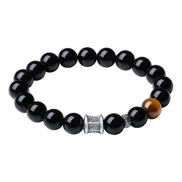 Pulsera de obsidiana para hombre con mantra de seis palabras en plata 999