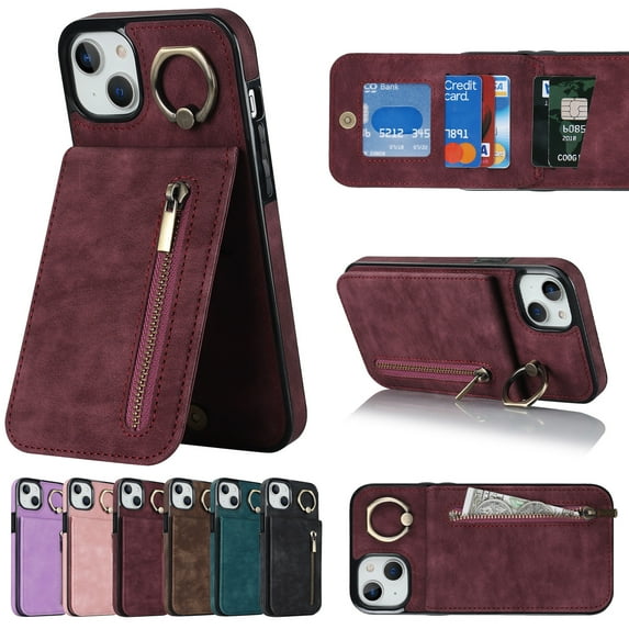 ELEHOLD for iPhone 14 Plus 6.7" Vintage Leather Wallet Case,Practical Card Holders RFID Blocking Zipper Wallet Kickstand Ring Holder Shockproof Anti-Scratch Case for Women Men,Winered
