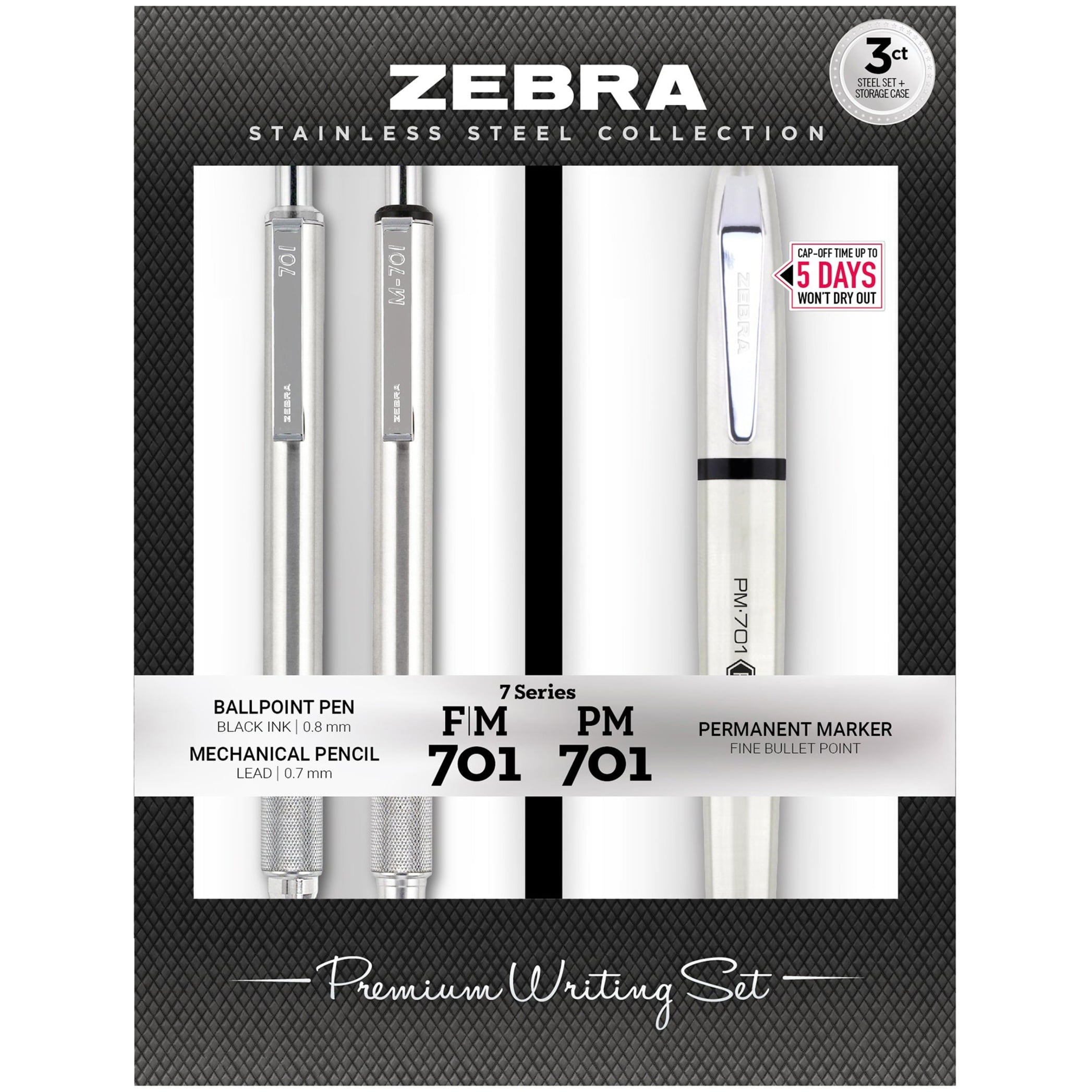 Zebra Pen Stainless Steel Collection F-M-PM 701 3pk Gift Set