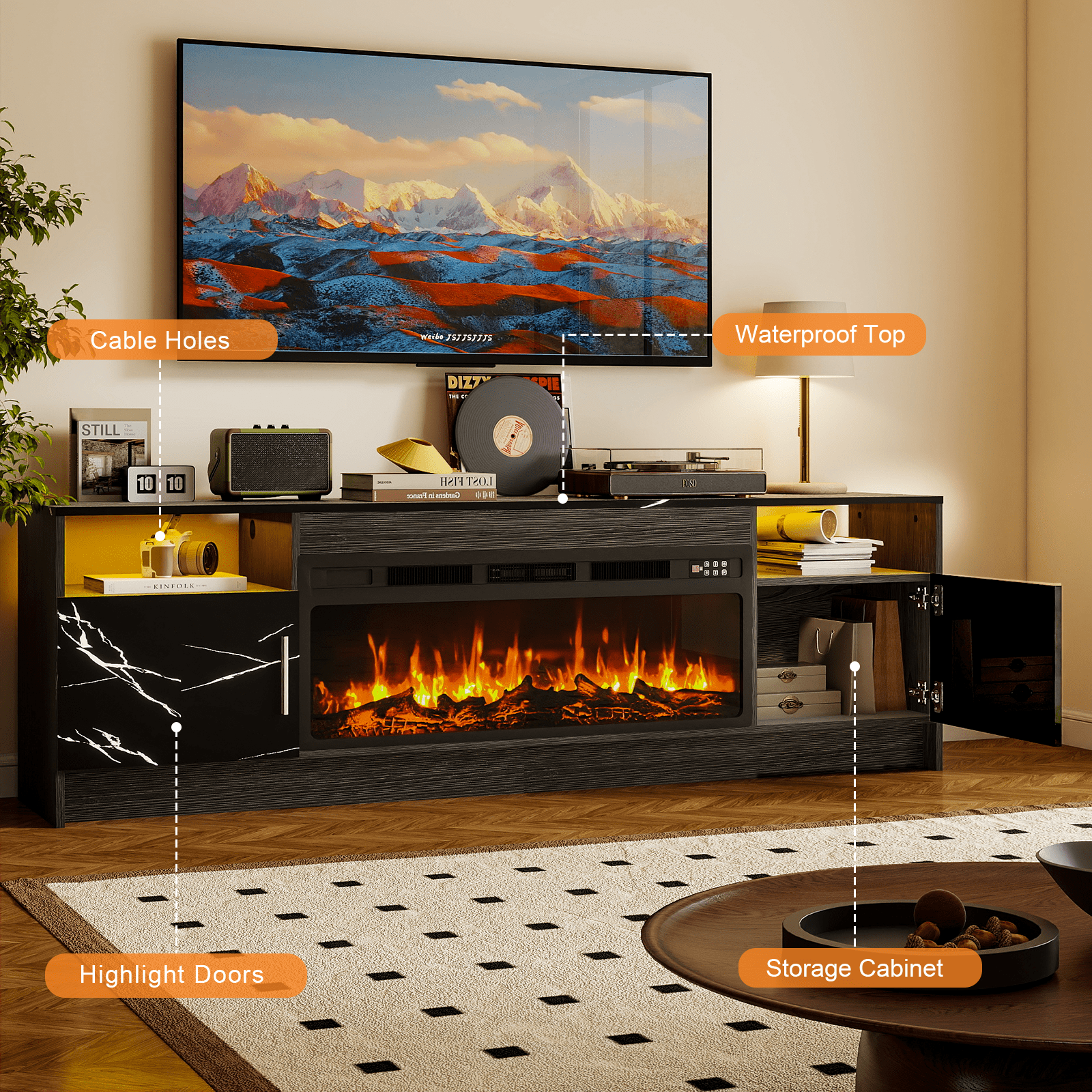 Rocyis 70” TV Stand with 3D Realistic Log Flame Electric Fireplace, Entertainment Center for TVs Up to 80-Inch, Modern TV Console with High Glossy Doors & LED Lights, Marble