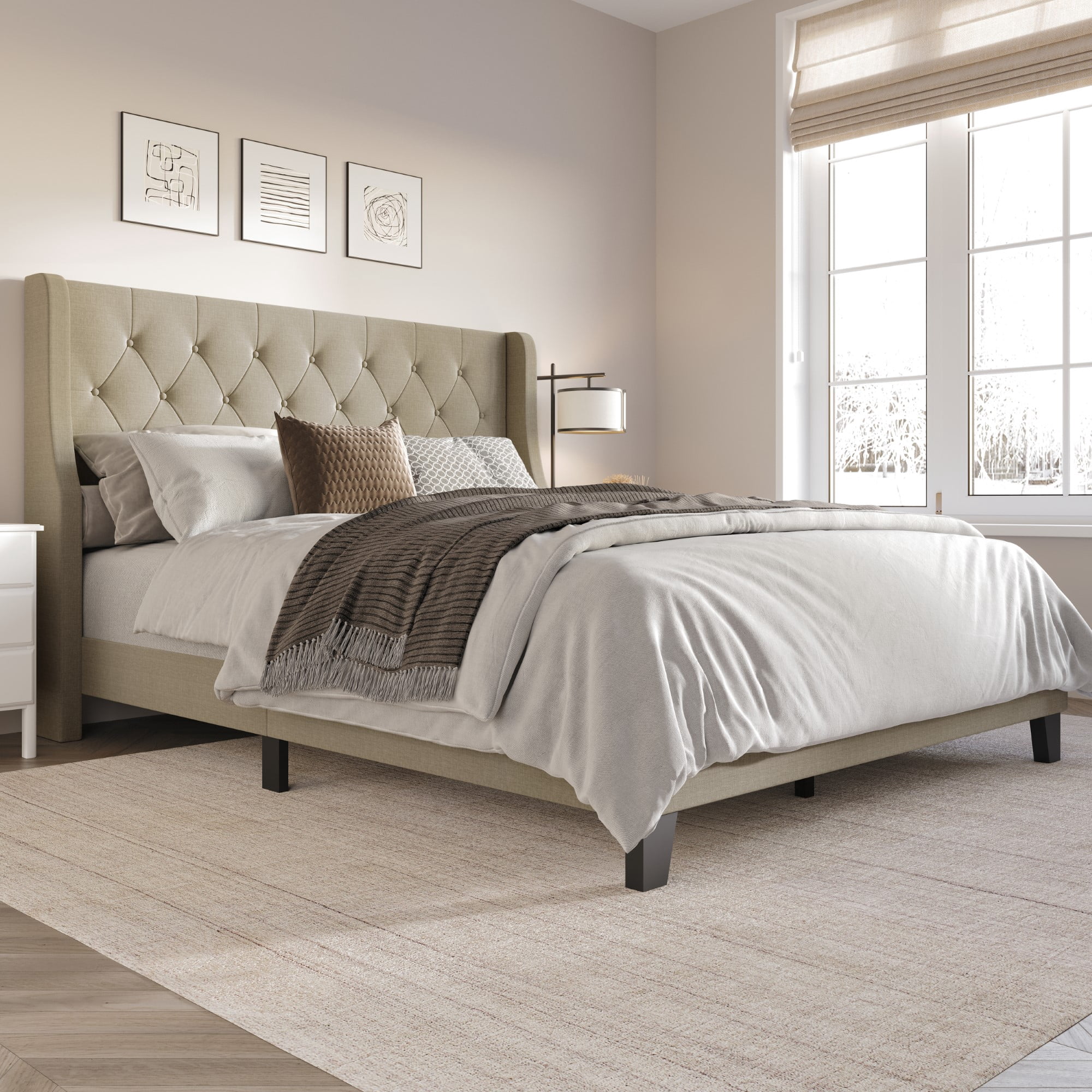 Home Design Medford Queen Tufted Upholstered Panel Bed with Wingback Headboard and Button Tufting, Dark Beige, Easy Assembly
