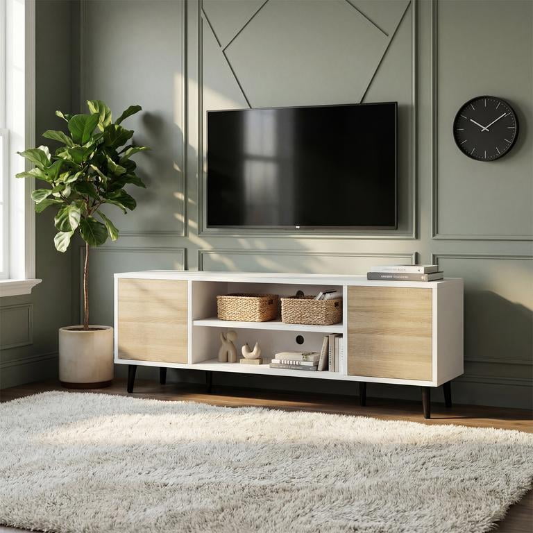 Vineego TV Stand for 55 Inch TV with 2 Push-to-Open Doors, Mid-Century Modern Media Console with Open Shelves, Entertainment Center for Living Room Bedroom, Beige & White