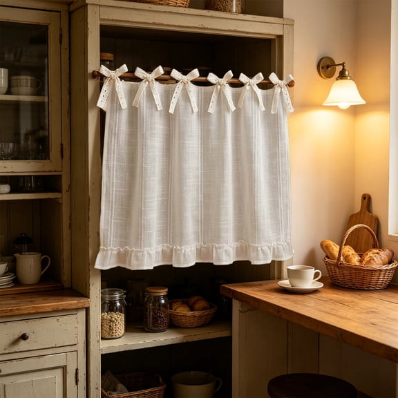 Farmhouse Linen Stripe Half Curtain with Tie-Bow – Cabinet Cover, Kitchen Oven Dust Door Curtain for Homestay