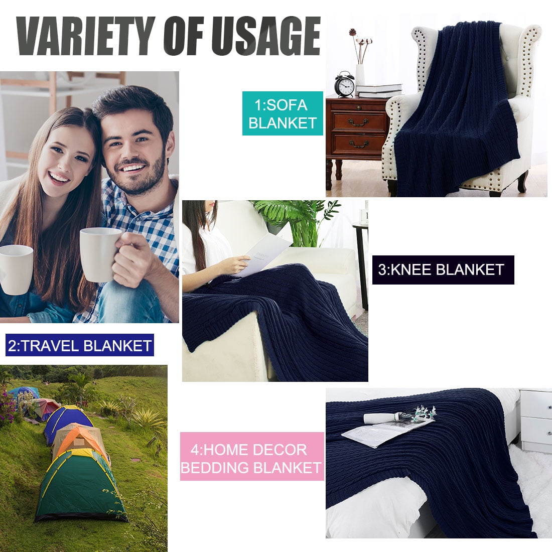 Unique Bargains 100% Cotton Cable Knit Throw Bed Blanket Navy Blue 51" x 59"
