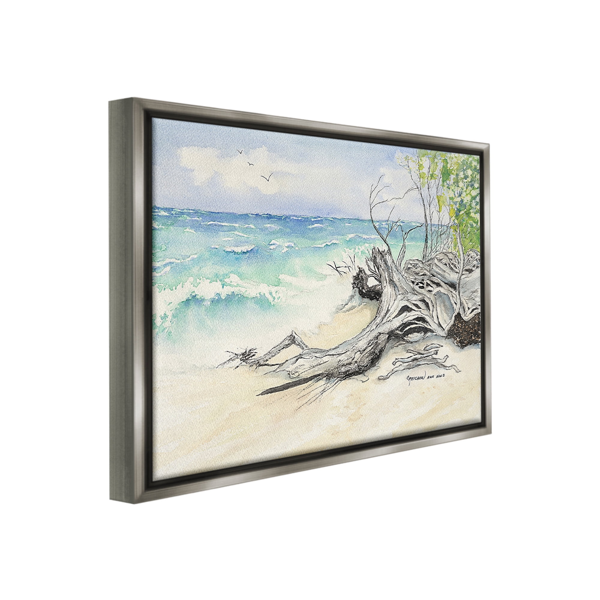 Stupell Industries Beach Driftwood Landscape Landscape Painting Gray Floater Framed Canvas Art Print Wall Art, 31 x 25