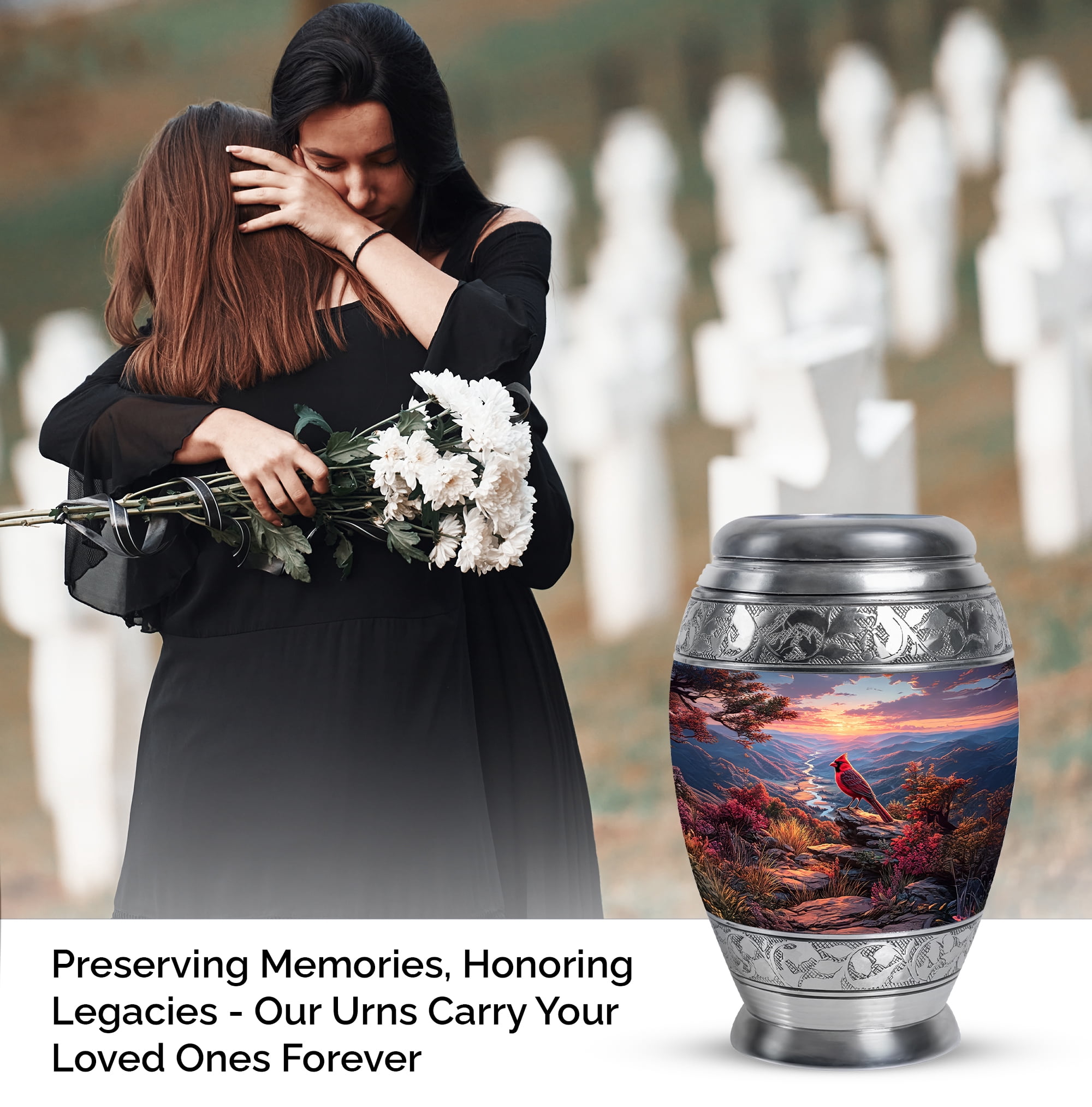Cardinal Bird Cremation Urn For Adult Male And Female, 1 Large Blue Decorative Urns For Women, Sunset Funeral Urn For Mother, Grey Small Urns For Human Ashes Set Of 4, (10&3) Inch