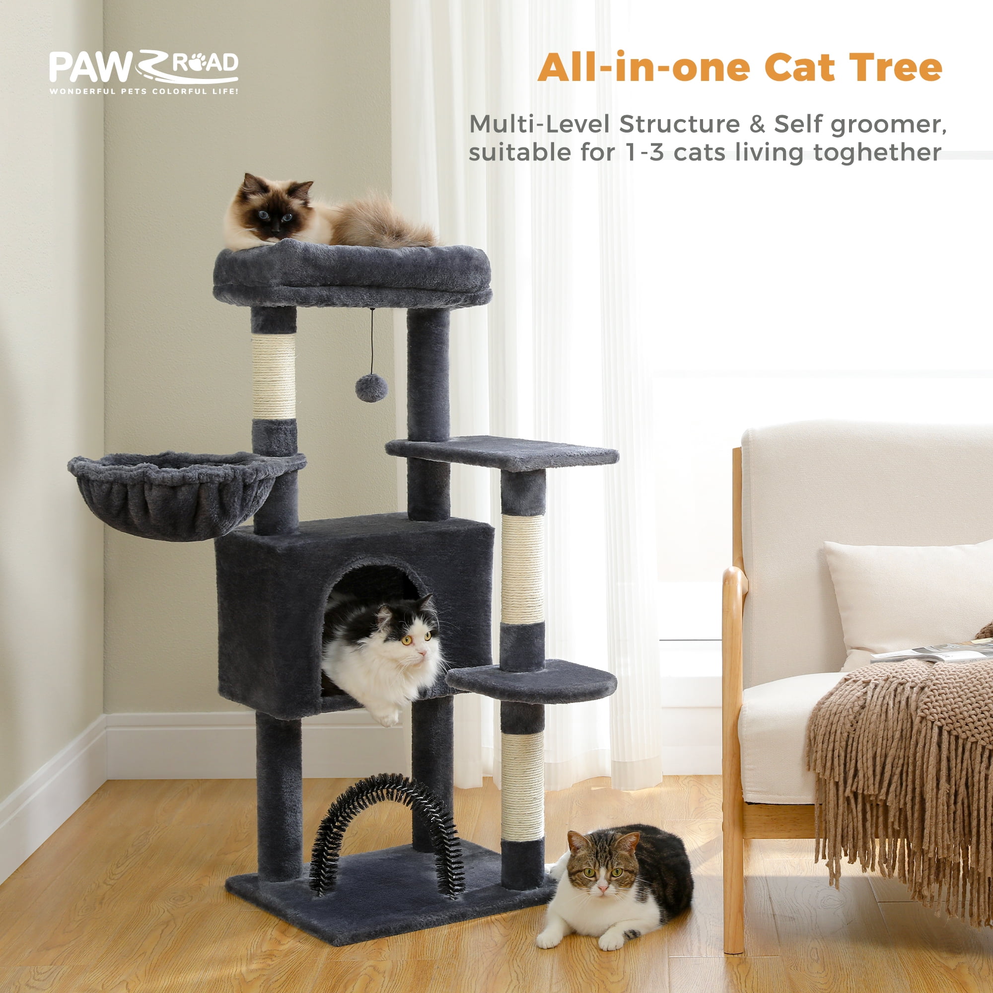PAWZ Road 42" Cat Tree Condo With Large Perch Scratching Posts for Indoor Cats, Dark Gray