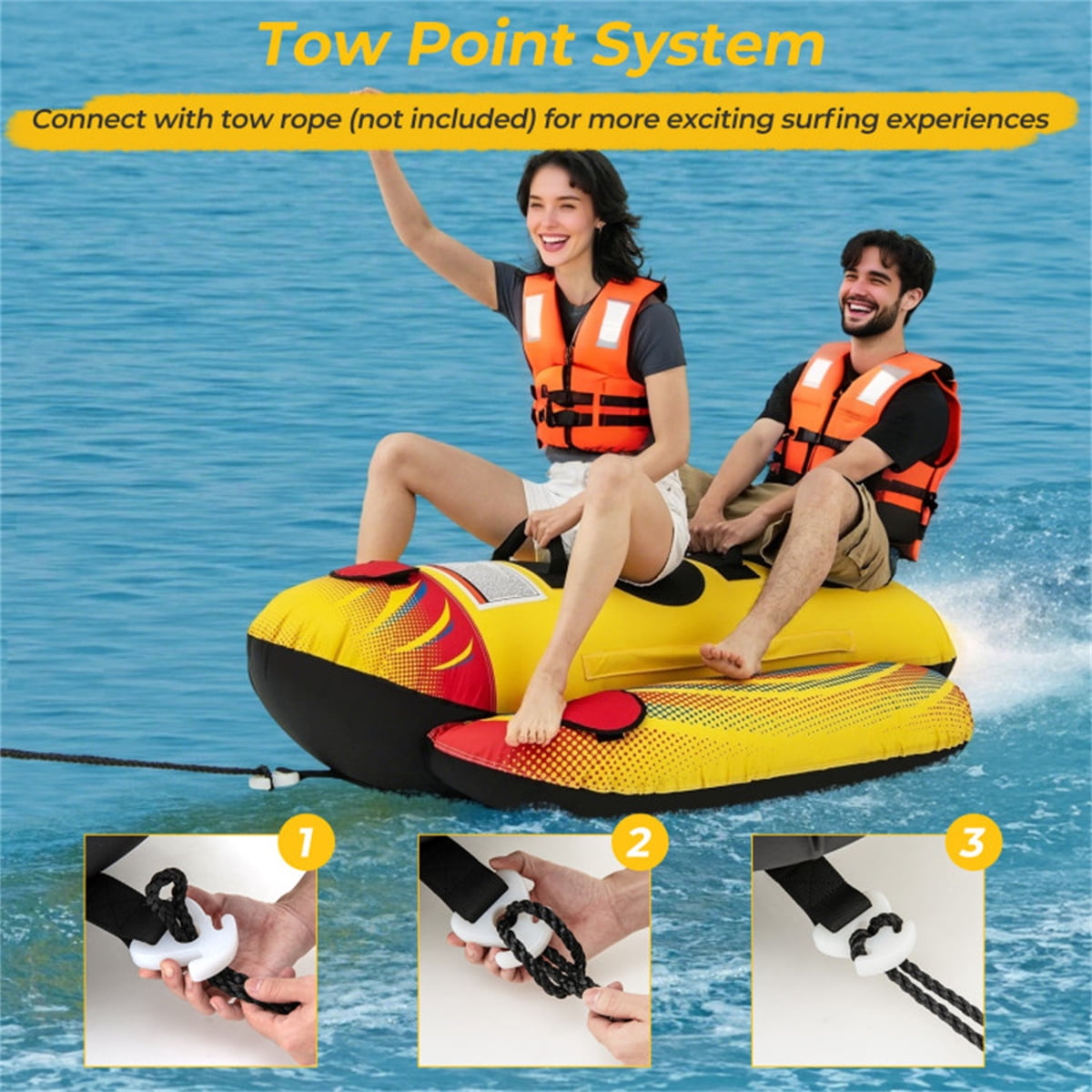Inflatable Banana Boat Towable Tube for 1-2 Riders 340 LB Capacity 73x40x23 Inch Yellow Water Sports Toy for Lake Ocean River Boating Family Fun Summer Water Toy with Boston Valves