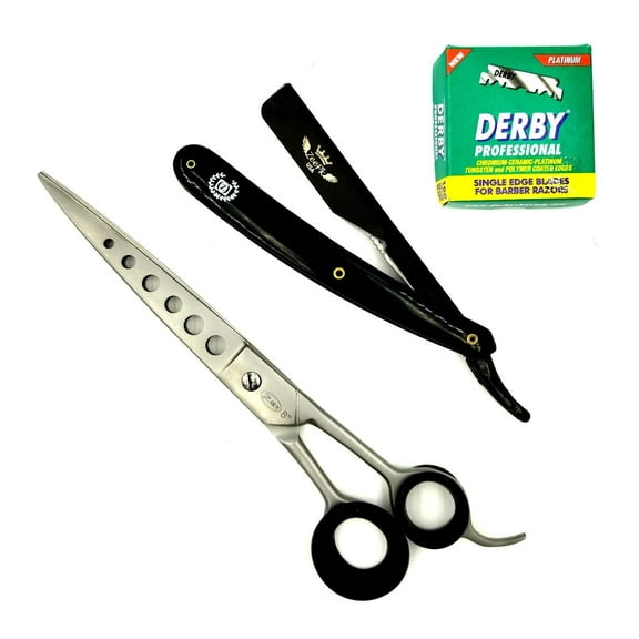 "8 BARBER SHEARS HAIRDRESSING SCISSORS WITH FULL BLACK RAZOR ZEEPK DERBY BLADES