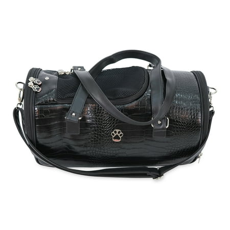Small Pet Carrier for Small Dogs and Cats - Faux Alligator Leather Pet Travel Tote Bag - Double Strap Travel Pet Carrier for Cat Travel Bag - 9.05 x 9.05 x 18.1 Inch - Black
