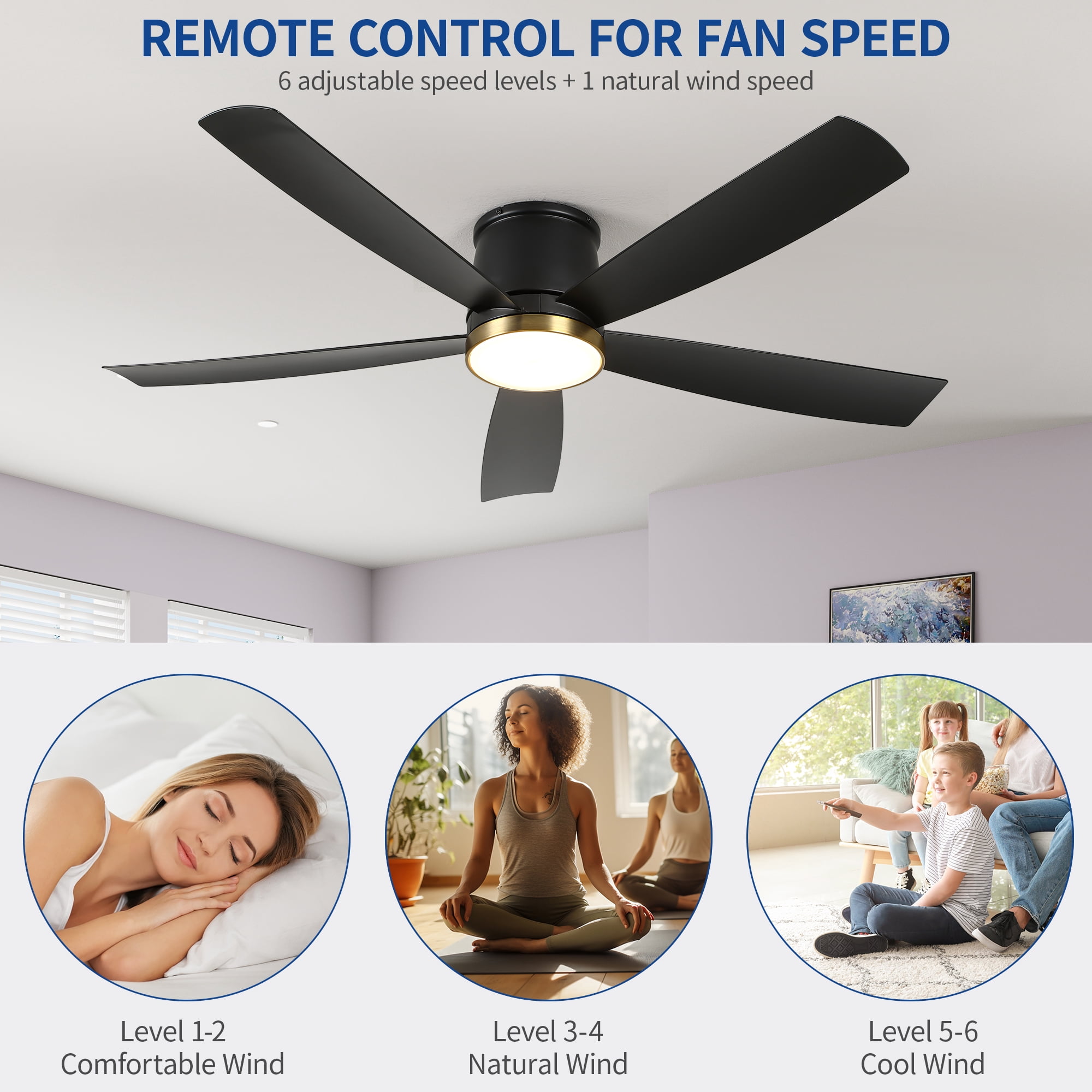 Uforic 52" Quiet Ceiling Fan with Tri-Color LED Light, Remote Control, and 6-Speed Flush Mount for Bedrooms and Living Rooms (Black + Gold Accent)
