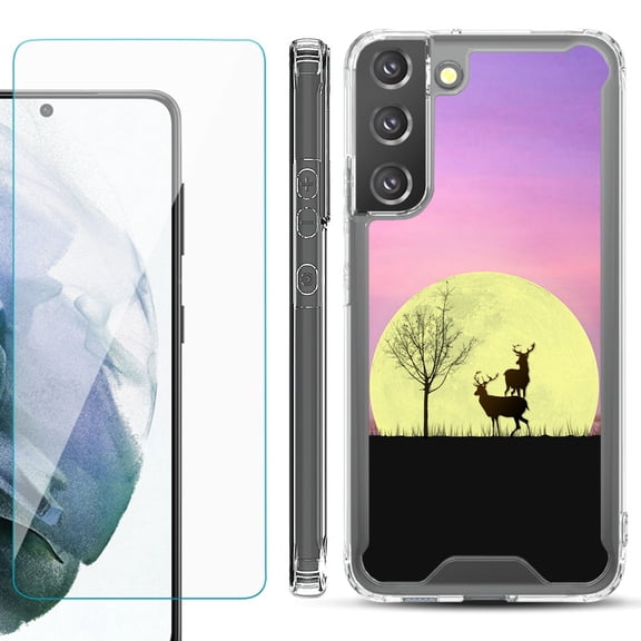 Shockproof Bumper Phone Case for Samsung Galaxy S22 5G, with Tempered Glass Screen Protector, by OneToughShield ® - Moonlight Deer
