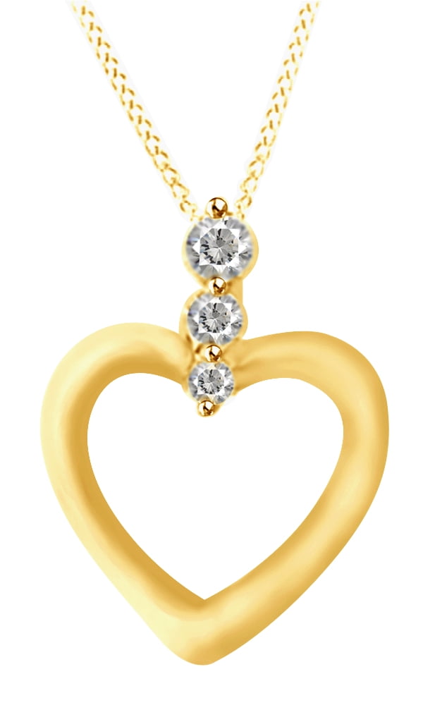 Round Cut White Natural Diamond Three Stone Heart Pendant Necklace In 14k  Yellow Gold