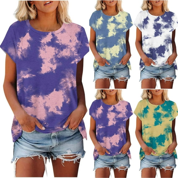 Olyvenn Womens Gradient Tie Dye Hippie Shirt Crewneck Shirt Short Sleeve Tshirts Tees Loose Fit 2025 Summer Tunic Tops Blue XXL