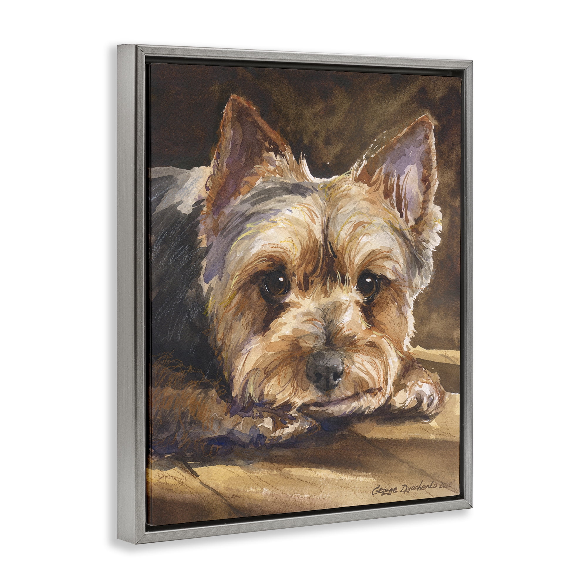 Stupell Industries Yorkshire Terrier Portrait Gray Framed Floater Canvas Wall Art, design by George Dyachenko