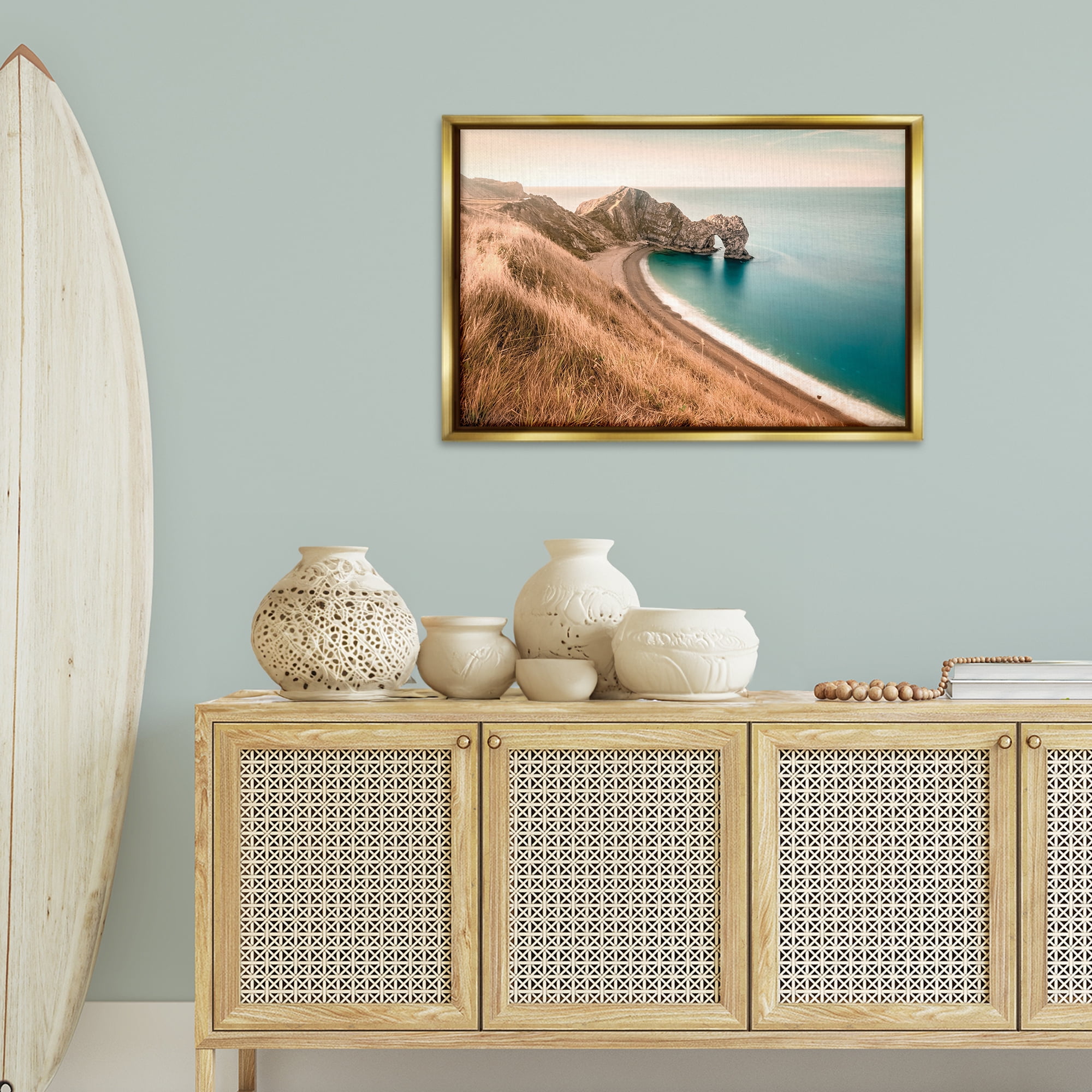 Stupell Industries Beach With Arched Cove Landscape & Nature Photography Gold Floater Framed Canvas Art Print Wall Art, 31 x 21