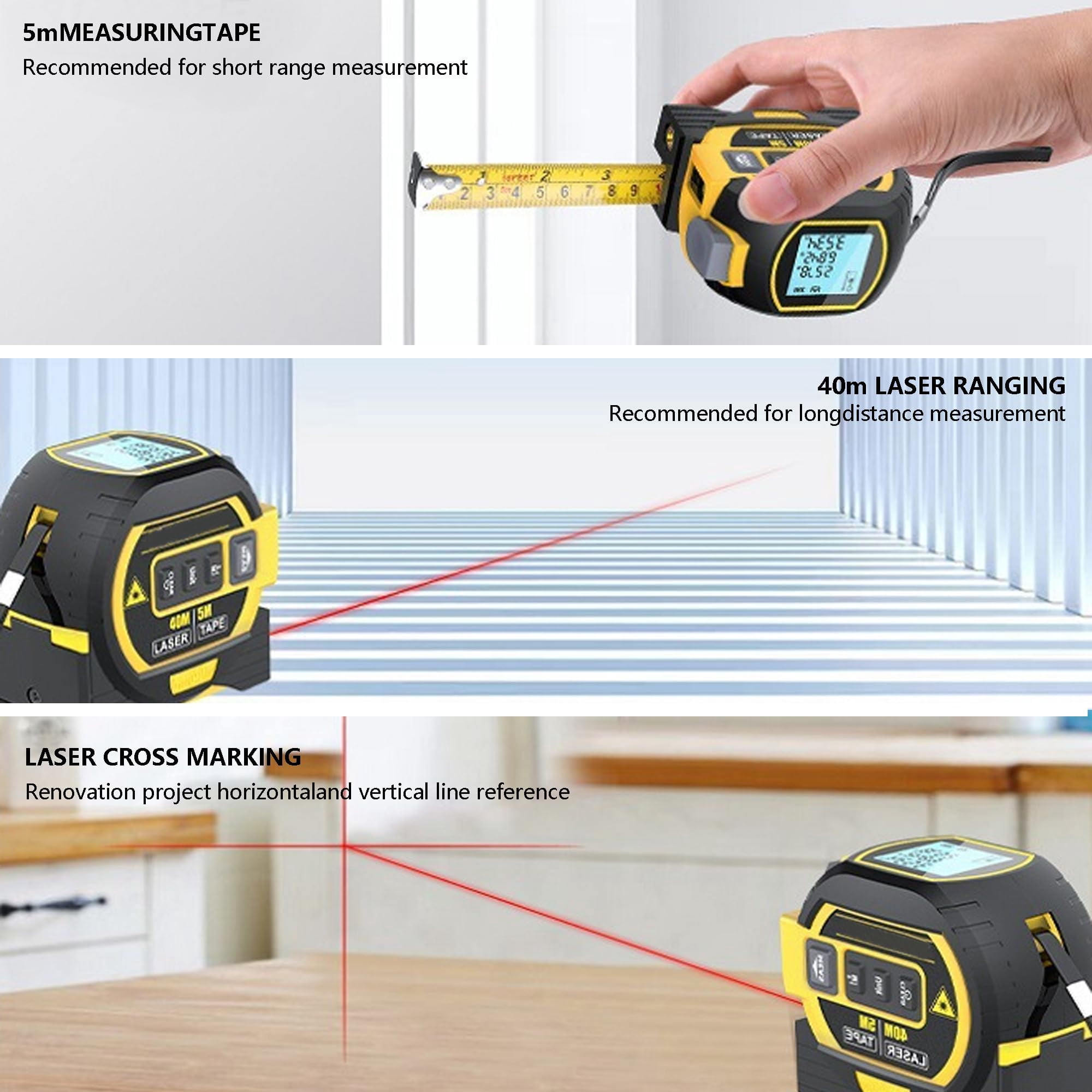 3-in-1 Laser Tape Measure, Infrared Laser Measuring Tape Tool with Led Display Self-Locking Portable Accurate Rangefinder for Workshop, Yellow(40M)