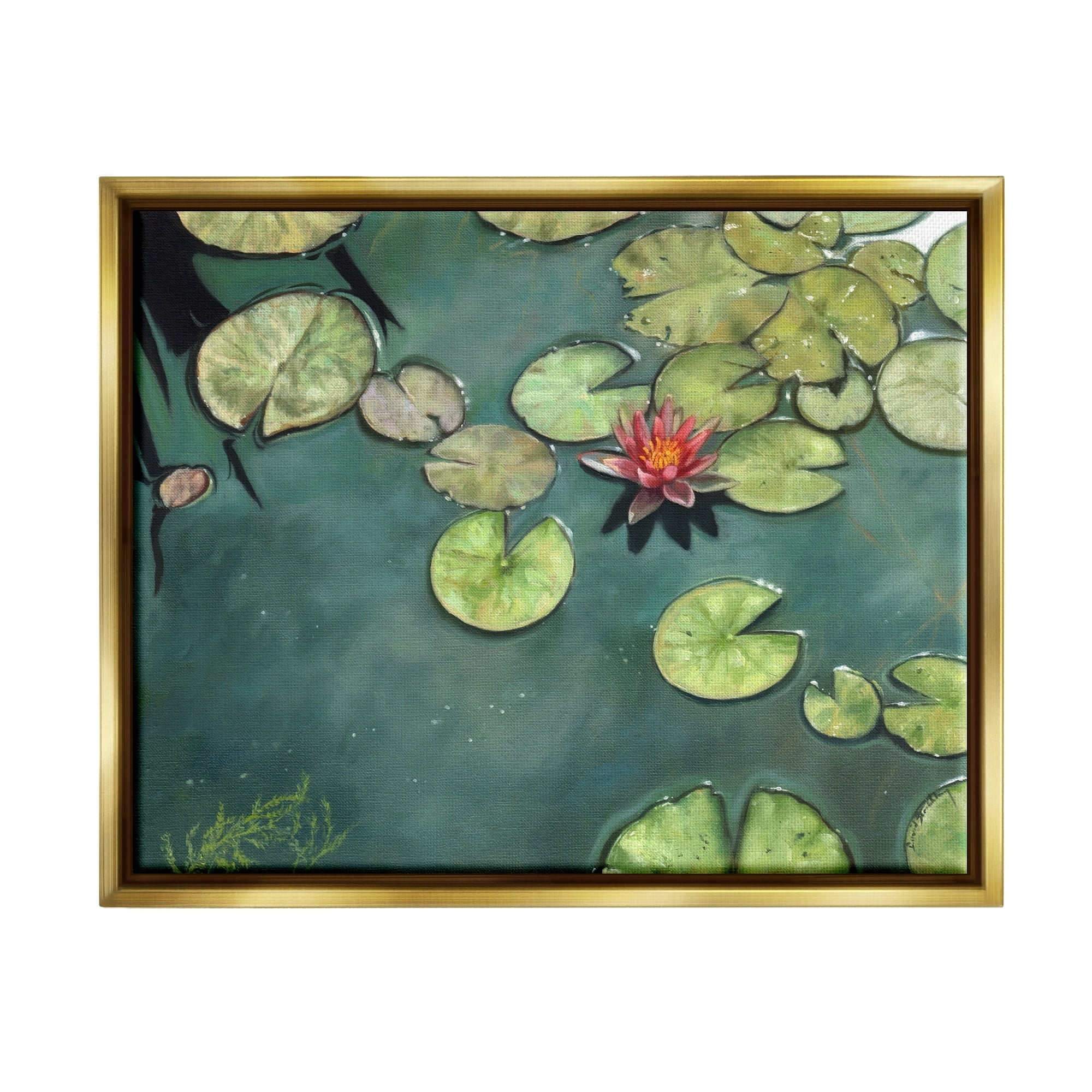 Stupell Industries Pond Lily Lotus Blossom Floating Peaceful Botanicals Painting Metallic Gold Floating Framed Canvas Print Wall Art, Design by David Stribbling