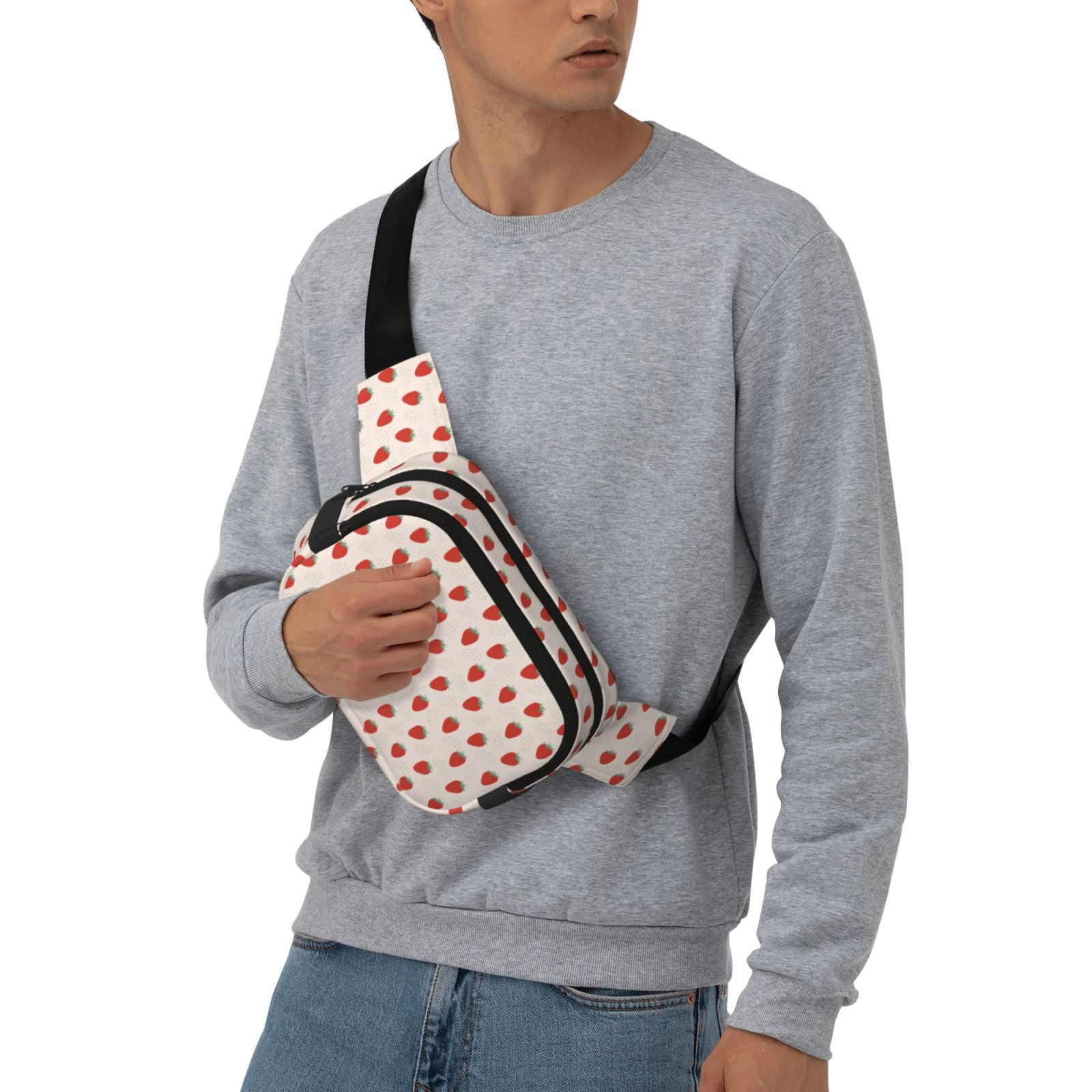 Picia Hand Drawn Strawberry Print Square Double-Layer Waist Bag Mini Adjustable Waist Belt Bag Exercise Running Travel Hiking