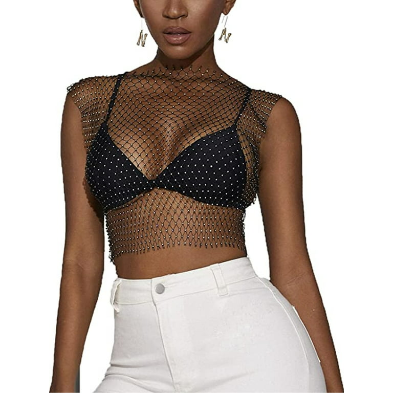 Licupiee Women Sexy Diamond Mesh Tank Crop Top Rhinestone Hollow Out Cover  up for Rave Festival Clubwear 