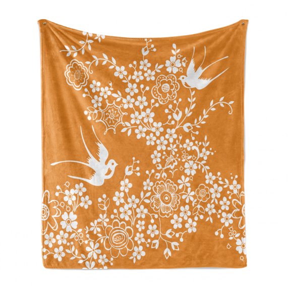 Japanese Soft Flannel Fleece Throw Blanket, Oriental Floral Japanese Style Flying Birds Pastel Colored Spring Pattern, Cozy Plush for Indoor and Outdoor Use, 70" x 90", Marigold White, by Ambesonne