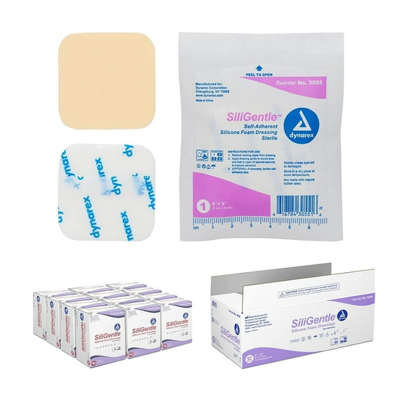 Dynarex SiliGentle Non-Adhesive Foam Dressings, Advanced Wound Care, Waterproof, 2” x 2” Foam Pad Dressing with Silicone Layer, 1 Case of 120 Dressings