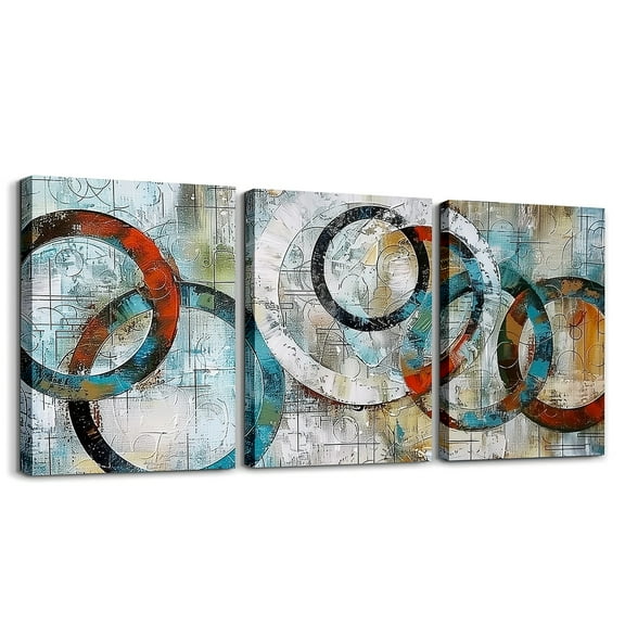 Abstract Wall Art Set of 3,Geometric Circles Canvas Wall Art Rustic Bedroom Wall Decor,Oil Painting Framed Wall Art,Grey Brown Picture Printed On Canvas for Living Room Kitchen office