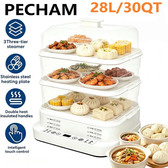 Pecham 3 Tier Electric Food Steamer, 28L/30QT Digital Multi Steamer with 24H Smart Timer, Boil Dry Protection, BPA-Free Stackable Baskets for Veggies, Seafood, Rice