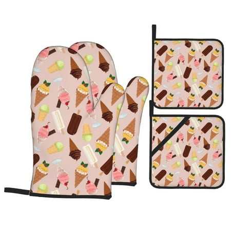 

Oven Mitts and Pot Holders 4 Piece Ice Cream Cone Print High Heat Slip Resistant Oven Mitt and Trivets Set Kitchen Oven Glove Pot Holders for Cooking Baking Grilling