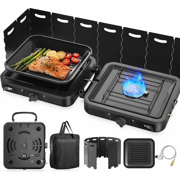 2 Burner Portable Camping Stove Propane, 17000 BTU Folding Camp Stove with Dual Adjustable Burners, Portable Propane Stove for Outdoor Cooking, Camping, BBQ