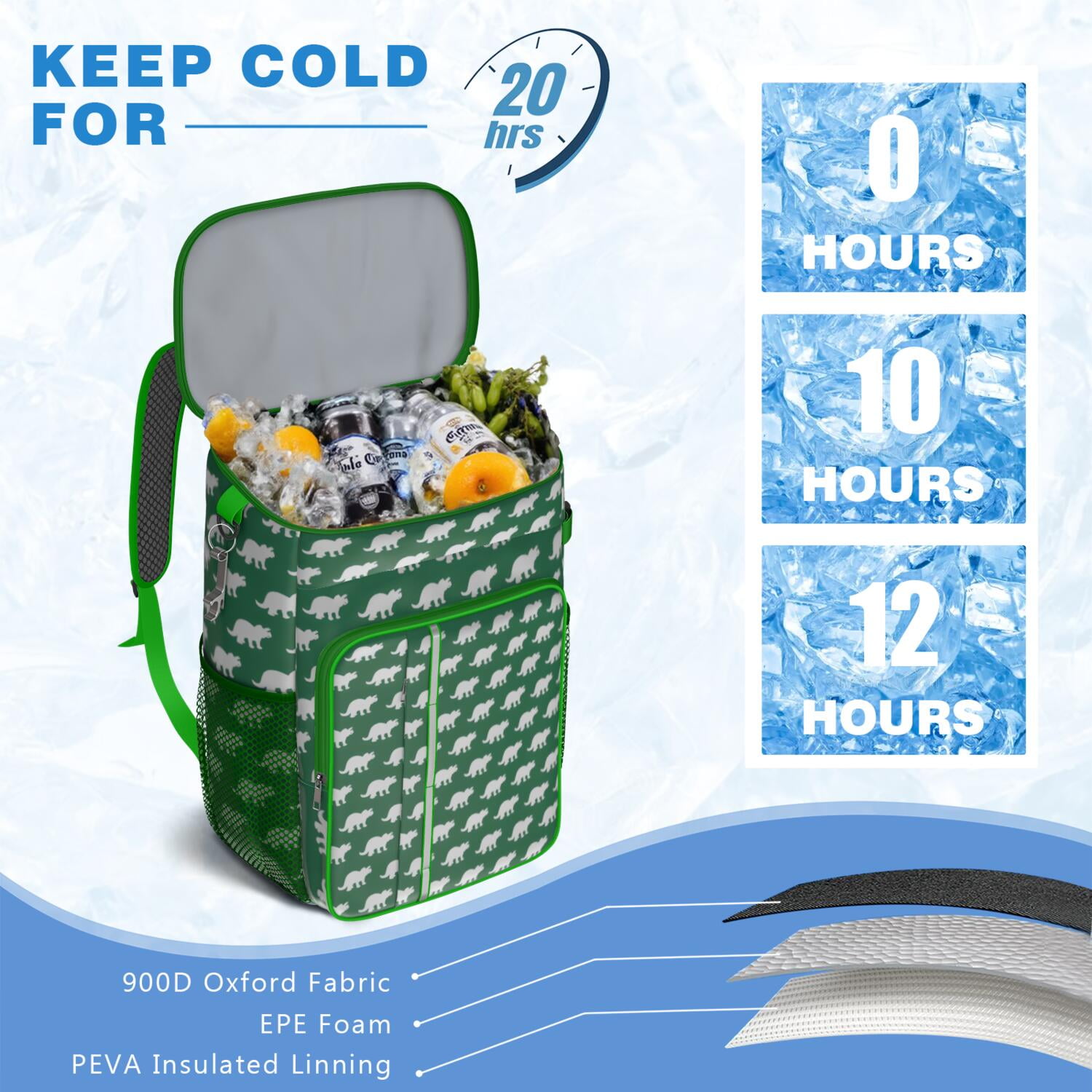 Travel Cooler Bag - Green Dinosaurs Pattern Camping Beer Cooler Backpack with Bottle Opener- Waterproof Insulated Picnic Backpacks - Cooler Bag for Beach