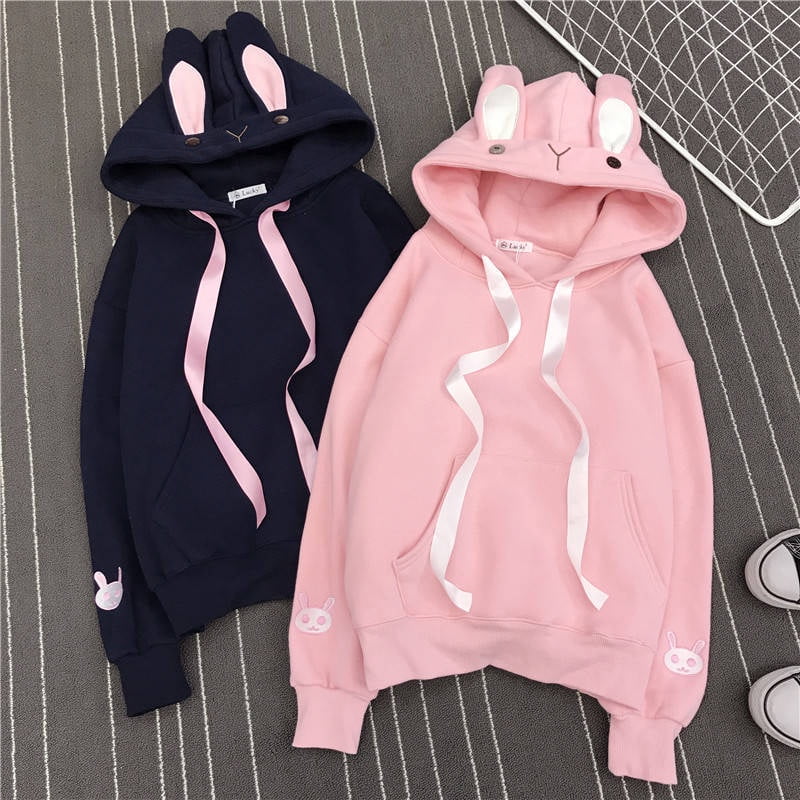Rosa Bordado Orejas De Conejo Cepillado Sudadera Con Capucha De Las Mujeres Linda Chica De Manga Larga Walmart