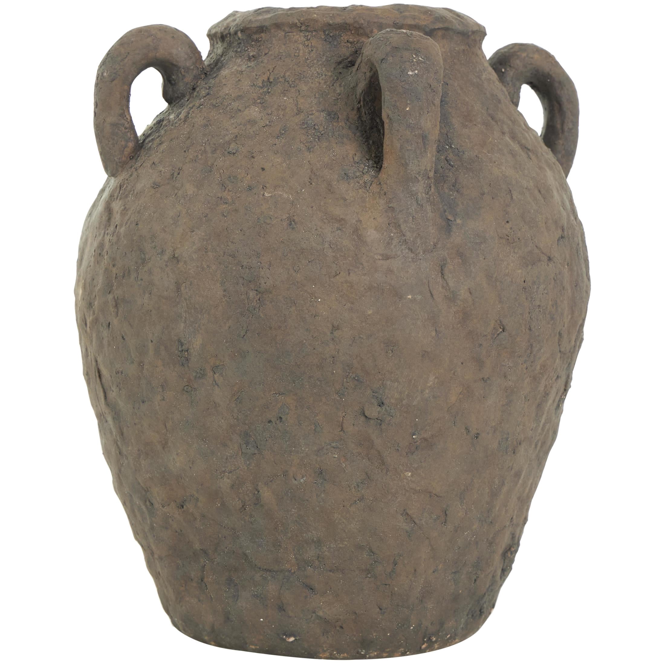 DecMode 12" Handmade Textured Dark Brown Ceramic Vase with Four Handles