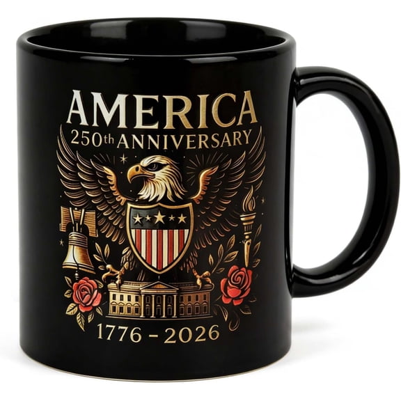 America's 250th Anniversary Mug 1776-2026, 11oz Patriotic Ceramic Coffee Cup with Eagle & Liberty Bell, Black Commemorative Gift for 4th of July Independence Day