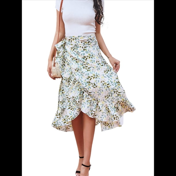 Falda Midi con Abertura y Volantes en el Bajo, con Nudo y Estampado Floral Bohemio para Mujer Flores L