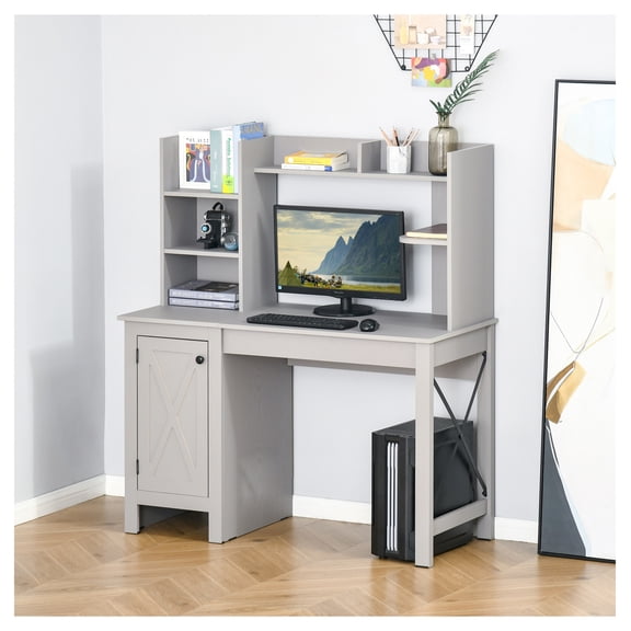 Computer Desk with Hutch and Storage, Home Office Desk with Cabinet, Light Grey, 47 Inch