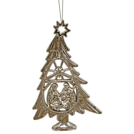 Nativity Scene in Tree Antiqued Silver Christmas Holiday