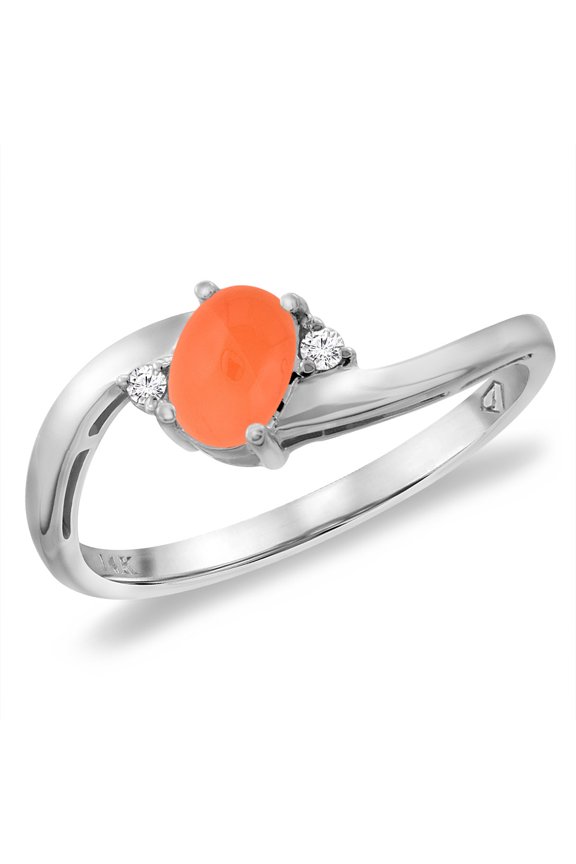 14K White Gold Diamond Natural Orange Moonstone Bypass Engagement Ring Oval 6x4 mm, size 10
