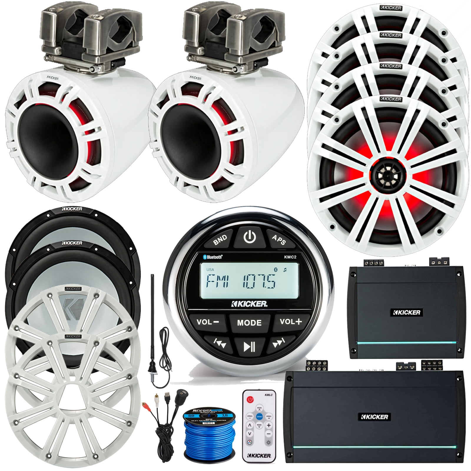 Kicker GaugeMount MarineGrade Receiver, 4 x 8" Coaxial LED Speakers