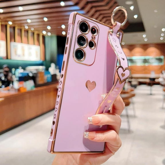 Compatible with Samsung Galaxy S23 Plus Case with Strap Luxury Love Heart Plating Bumper Kickstand Case-Purple