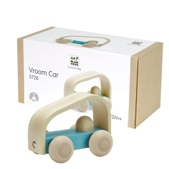 PlanToys® Vroom Car Wooden Push Toy for Toddlers | Eco-Friendly Toddler Push Car for Indoor Play | Montessori Fine Motor Learning Toys for Kids