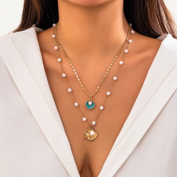 NICKSUN Shell Necklaces for Women 18k Gold Plated Layered Starfish Conch SeaShell Pearl Pendant Charm Necklace Adjustable Stainless Steel Chain Summer Beach Jewelry