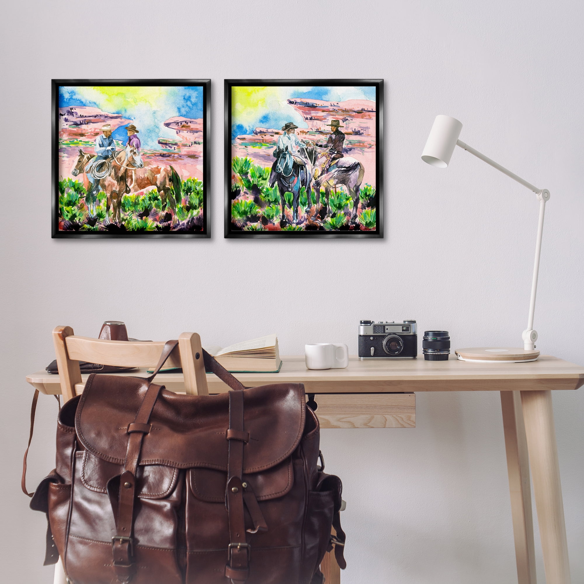 Stupell Industries Cowboys Under Western Sun Landscape & Nature Painting Black Floater Framed Canvas Art Print Wall Art, 18 x 18, Set of 2